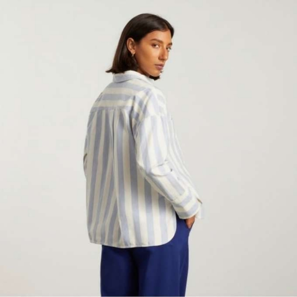 Everlane Shirt Womens White Blue Striped Button The Boxy Oxford 2 Pocket